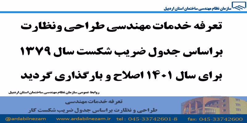 تعرفه خدمات مهندسی طراحی و نظارت براساس جدول ضریب شکست کار سال 1379 برای 1401